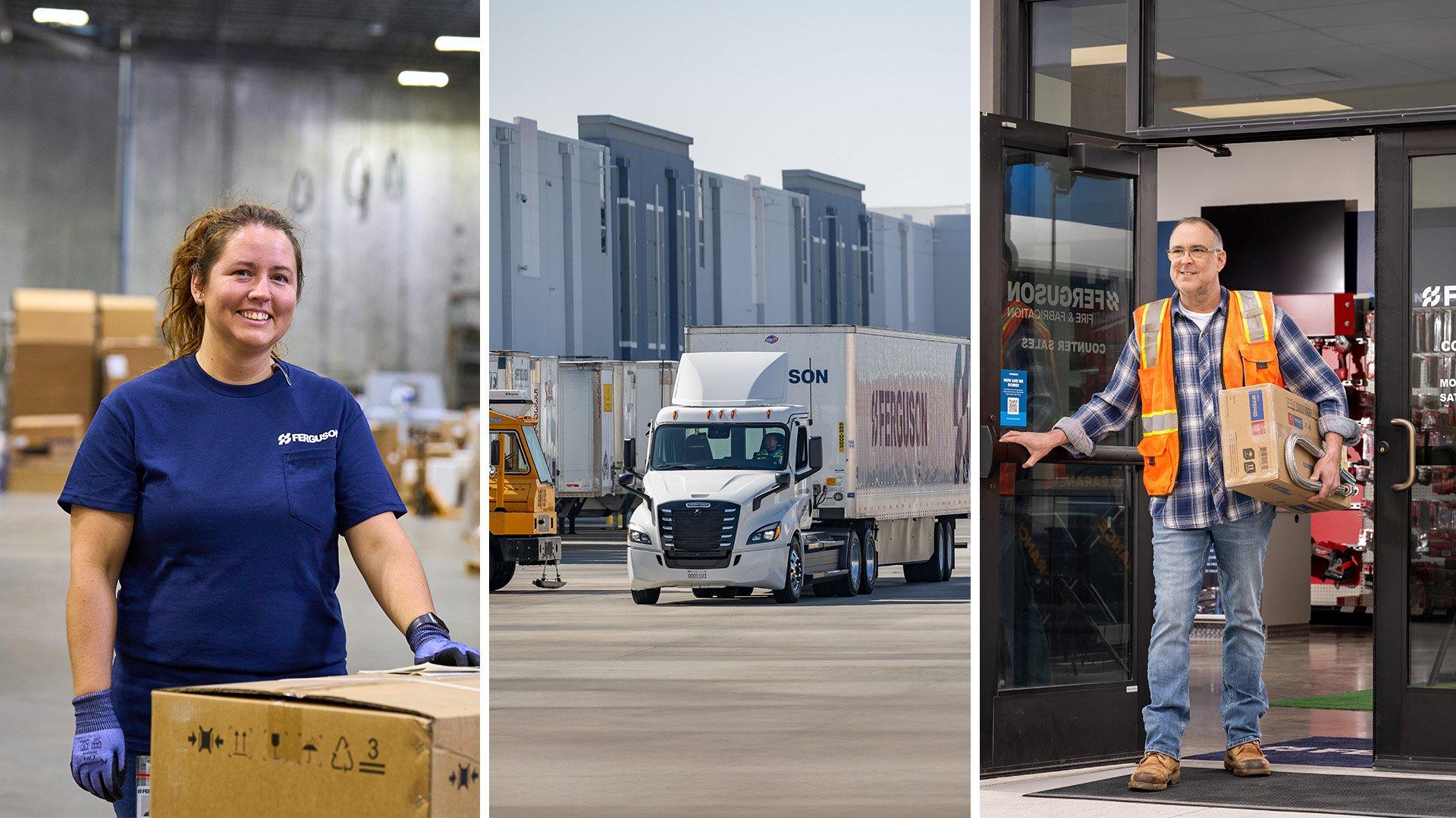 Three side-by-side images of Ferguson employees and Ferguson distribution truck.